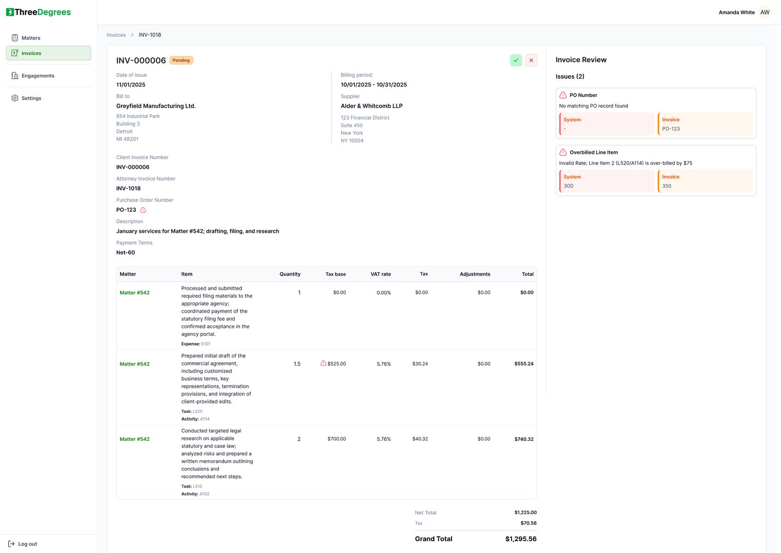Lighthouse invoice management interface